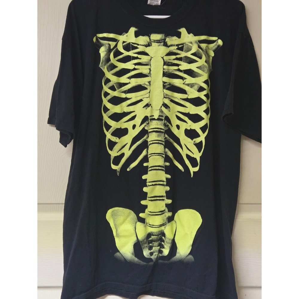 Vintage Fruit of the Loom Skeleton T-Shirt XL Black Neon Glow Rib Cage Y2K Tee
